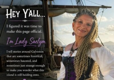 Woman dressed as a pirate on a ship for ghost tour in Galveston.